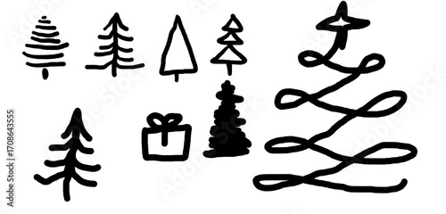 Doodle of set a Christmas tree, naive child drawing