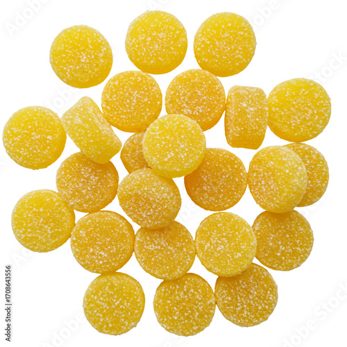 Yellow marmalade candies placed on a transparent background isolate