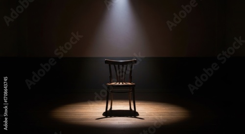 Single wooden chair, spotlight center stage