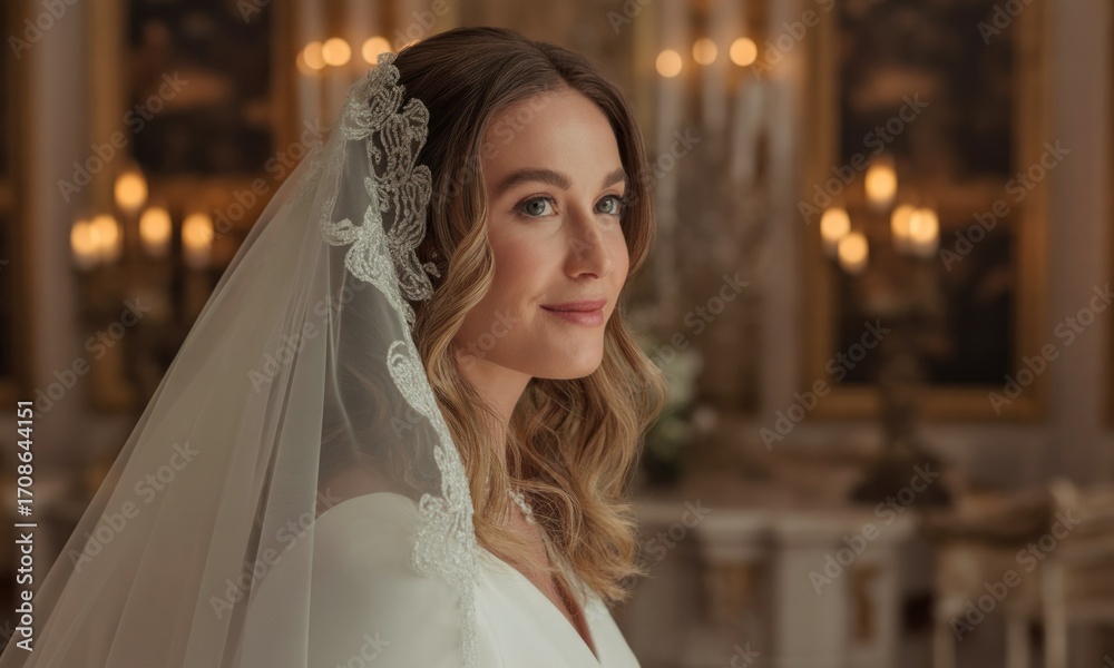 Naklejka premium A woman in a wedding gown and veil, posed in a grand room