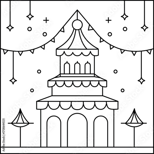 Festival Tower Lights Coloring Page, Night City Celebration Illustration