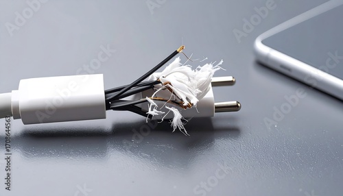 Damaged white electric cable next to phone, exposed wires, frayed casing, safety hazard