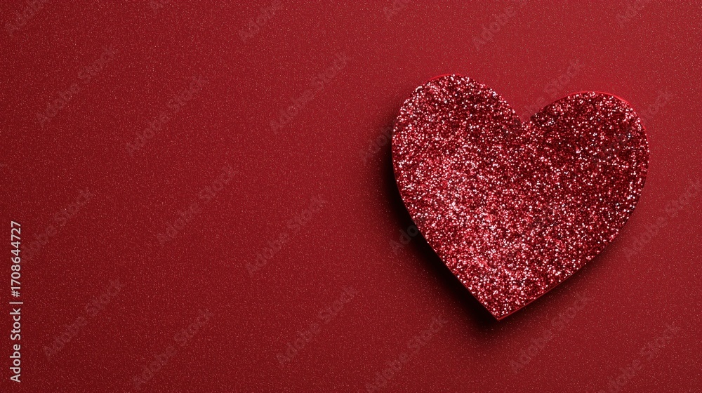 Obraz premium A glittery red heart shape on a smooth red background. The heart is made of sparkling material, creating a festive and romantic atmosphere.