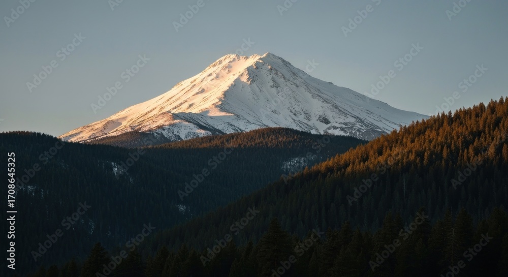 Fototapeta premium Snowy mountain peak at dawn, forested valley below