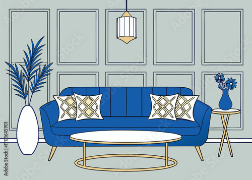 Elegant Living Room Interior with Blue Sofa and Decorative Elements Illustration