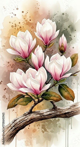 Watercolor Painting of Magnolia Blossoms on Branch Spring Floral Elegant Botanical Art