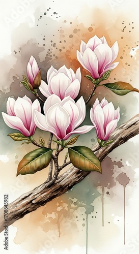 Watercolor Painting of Magnolia Blossoms on Branch Spring Floral Art Background