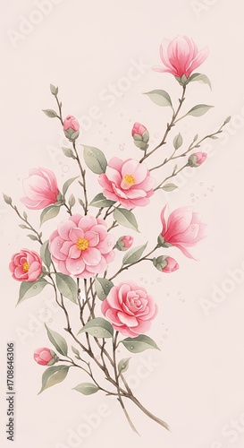 Watercolor Painting of Pink Magnolia Flowers Branch Delicate Floral Illustration Spring Blossom