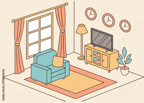 Simple Line Art Illustration of a Cozy Living Room