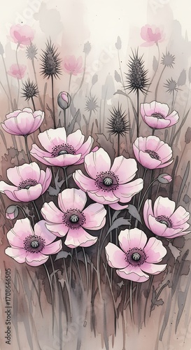 Watercolor Painting of Pink Poppies and Wildflowers in a Summer Meadow Field Illustration