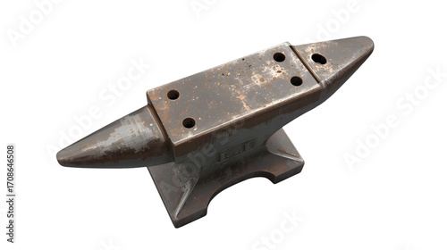 Vintage metal anvil with four bolt holes on black background