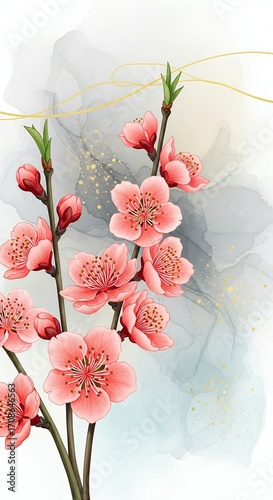 Watercolor Pink Cherry Blossom Branches with Elegant Gold Accents and Abstract Background