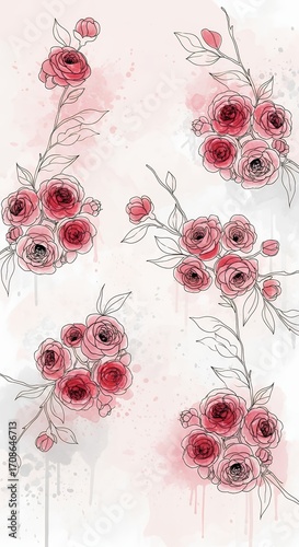 Watercolor Red Roses Floral Illustration Delicate Sketch Romantic Design for Wedding Invitations and Backgrounds