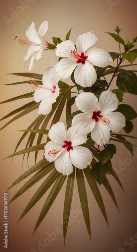 White Hibiscus Flowers with Green Leaves on Stem Tropical Floral Arrangement Close Up
