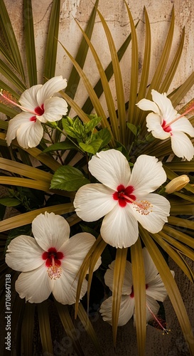 White Hibiscus Flowers with Tropical Leaves Close Up Macro Photography Exotic Beauty