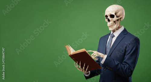halloween: Skeleton in Business Suit Reading Book on Green Background, Conceptual, Education, Death, Mortality, Finance, Copy S...