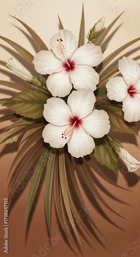 White Hibiscus Flowers with Tropical Leaves on a Gradient Background Stock Illustration