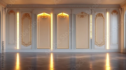 Elaborate interior with detailed gold and white panels in a spacious room