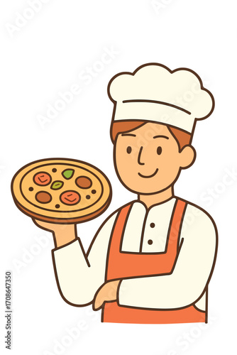 Cartoon chef character holding pizza