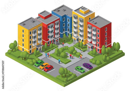 Squared 3D isometric view of modern apartment buildings with colorful facades, courtyard greenery, parking area, and people walking, urban housing, community living, and residential real estate