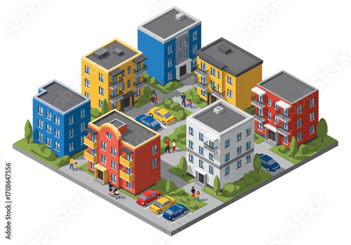 Squared 3D isometric view of modern apartment buildings with colorful facades, courtyard greenery, parking area, and people walking, urban housing, community living, and residential real estate