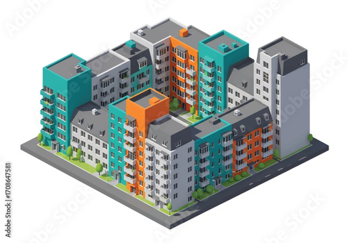 Squared 3D isometric view of modern apartment buildings with colorful facades, courtyard greenery, parking area, and people walking, urban housing, community living, and residential real estate