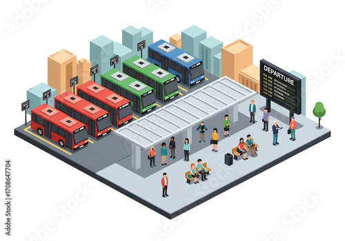 Squared 3D isometric view of a modern bus station with multiple buses, passengers, waiting areas, and departure boards, symbolizing public transport, travel, commuting, and urban connectivity