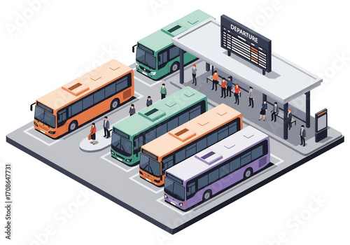 Squared 3D isometric view of a modern bus station with multiple buses, passengers, waiting areas, and departure boards, symbolizing public transport, travel, commuting, and urban connectivity