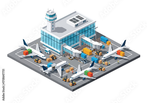 Squared 3D isometric view of an air cargo terminal with airplanes, containers, forklifts, and workers, representing global logistics, freight handling, air transport, supply chain