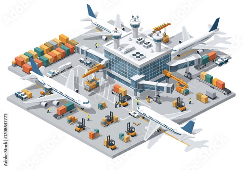 Squared 3D isometric view of an air cargo terminal with airplanes, containers, forklifts, and workers, representing global logistics, freight handling, air transport, supply chain
