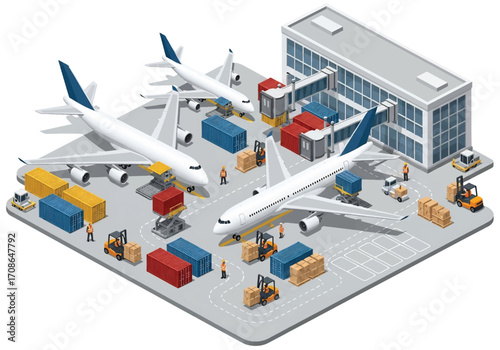 Squared 3D isometric view of an air cargo terminal with airplanes, containers, forklifts, and workers, representing global logistics, freight handling, air transport, supply chain