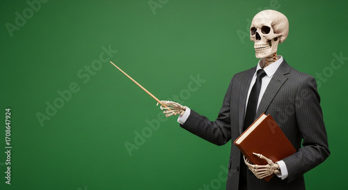 halloween: Skeleton Teacher in Suit with Pointer and Book on Green Background, Spooky Education Concept, Studio Shot, Copy Space