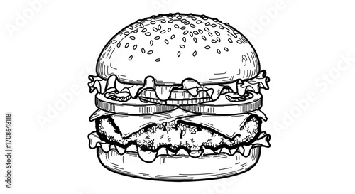 Burger outline, a delicious fast food meal with meat, cheese, and vegetables
