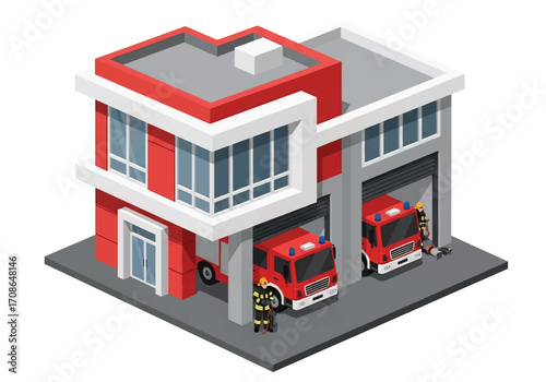 Squared 3D isometric view of a fire station with fire trucks and firefighters preparing hoses, symbolizing emergency services, rescue operations, fire safety, teamwork, and community protection