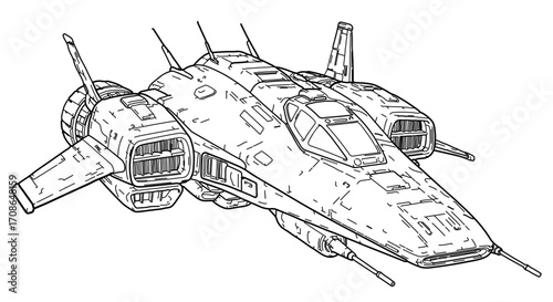 Detailed line drawing of a futuristic spaceship with wings and multiple engines