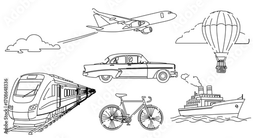 Hand drawn transportation methods, including air, land and sea transportations
