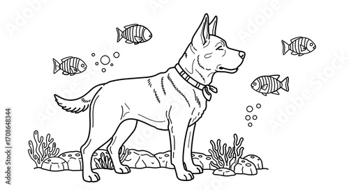 Hand drawn dog surrounded by fish, standing on rocks near seaweed
