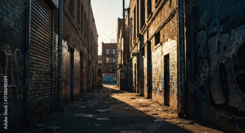 Sun-drenched urban alleyway lined with graffiti-covered brick buildings