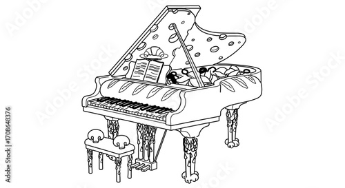 Illustration of a grand piano with musical notes, , in black and white style