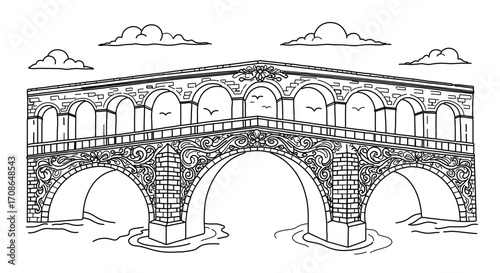 Illustration of a bridge with arches and clouds, detailed drawing