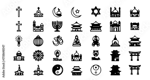Collection of religious symbols representing various faiths, simple line art style