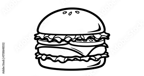 Illustration of a delicious burger with lettuce, tomato, cheese, and patty