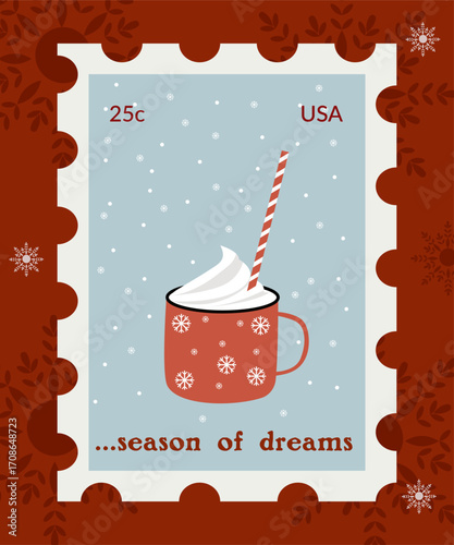 Postage stamp for Christmas letters and greeting cards or for scrapbooking. Hot chocolate stamp Vector illustration