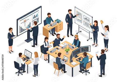Squared 3D isometric view of a modern office workspace with employees in meetings, coding, presentations, and teamwork, symbolizing business, management, collaboration, and corporate productivity
