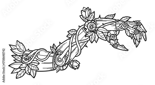 Illustration of a robotic arm entwined with leaves and flowers, a blend of nature and technology