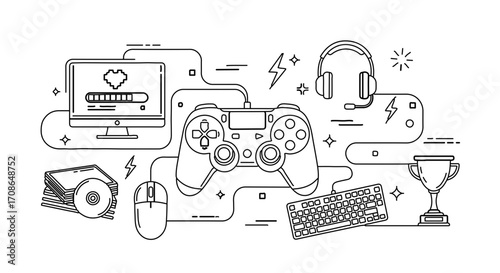 Gaming setup line art, a simple illustration of video game equipment