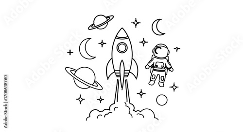 Illustration of a rocket, astronaut, planets, stars, and moon for space exploration