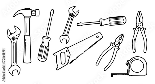 Hand drawn illustration of various tools, including hammer, wrench, saw, and pliers