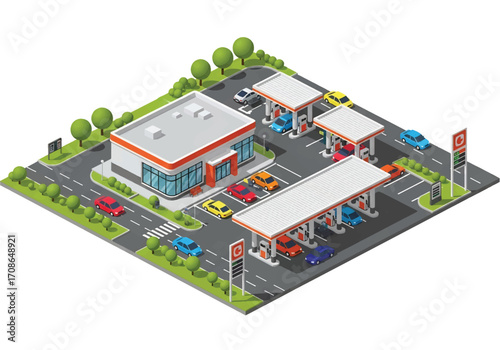 Squared 3D isometric view of a modern gas station with cars refueling, convenience store, and road access, symbolizing travel, transportation, service industry, and urban infrastructure