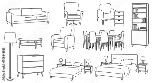 Hand drawn illustration of furniture, including sofa, chair, table, and bed